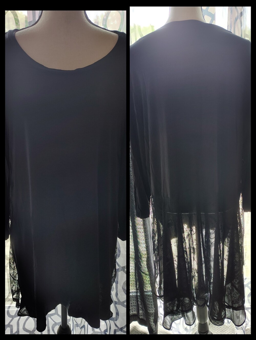 Lori Goldstein 2X Black Tunic With Flowy Lace LOGO Plus Size Tunic